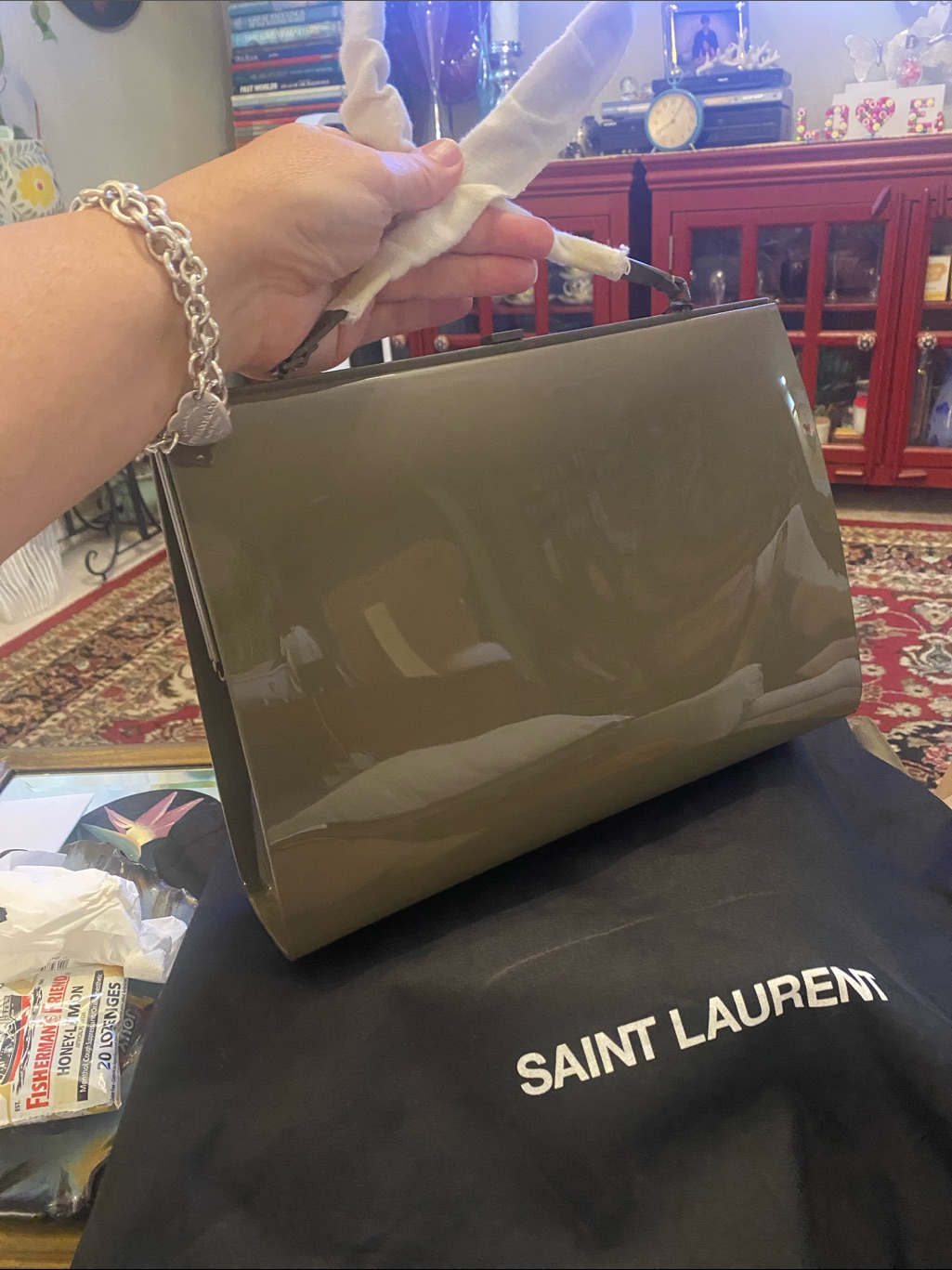 Saint Laurent Patent Tote In Olive